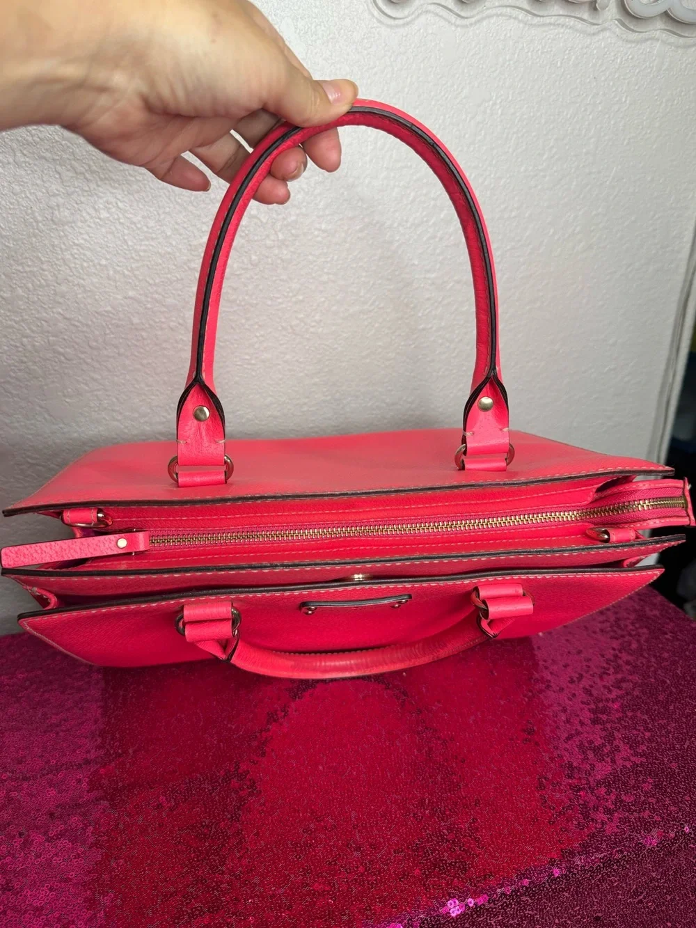 KATE SPADE ♠️ Neon Pink Leather Handheld Satchel Bag - Hot Pink Logo Interior